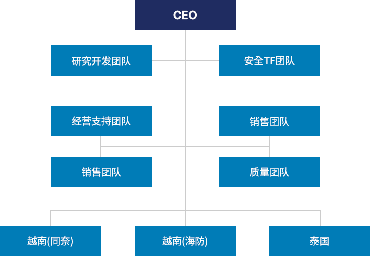 CEO, 研究开发团队, 安全TF团队, 经营支持团队, 销售团队, 采购团队, 质量团队, 越南(同奈), 越南(海防), 泰国
